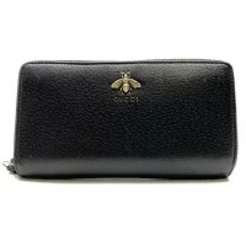 GUCCI Animalier Leather Zip Around Wallet Black Bean coin wallet Purse